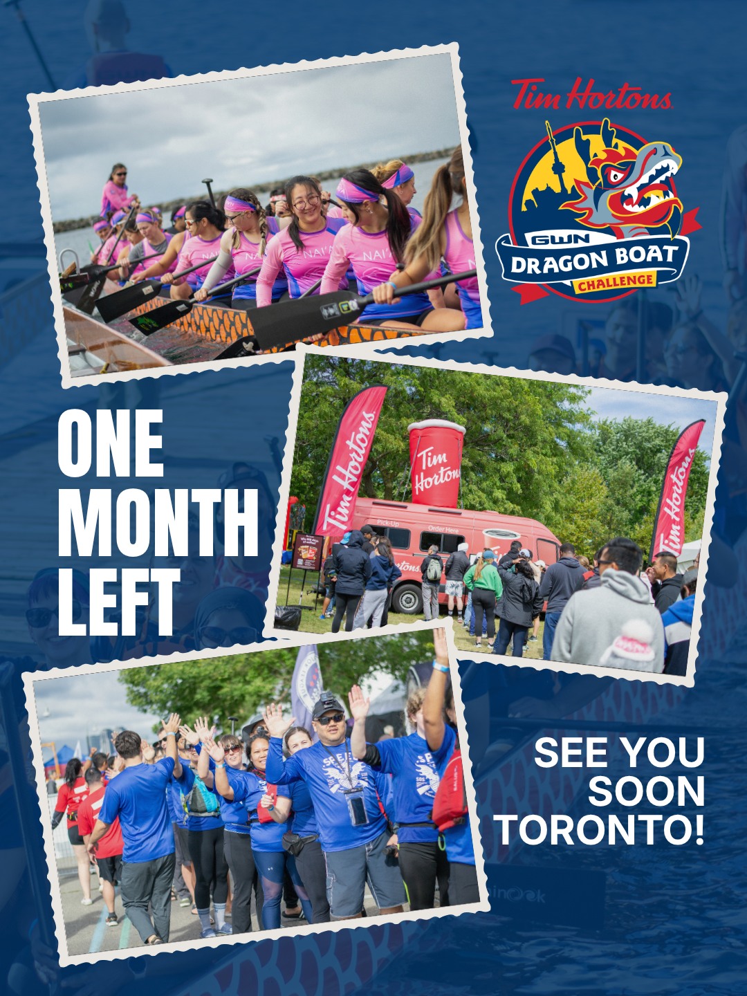 One month to go!

The countdown is officially on. In just one month, thousands of paddlers will be back at Marilyn Bell Park for the Tim Hortons GWN Dragon Boat Challenge.

Get ready for an unforgettable weekend of racing, team spirit, great food, and everything that makes this festival one of the highlights of the dragon boat season.

Whether you're chasing a personal best, racing for fun, or cheering from the shoreline, we can't wait to welcome you back.

See you in Toronto on September 12 & 13! 🚣🐉

#GWNChallenge #DragonBoat #DragonBoatRacing #TorontoEvents #TimHortonsGWNChallenge #PaddleTogether #SeeYouSoonToronto
