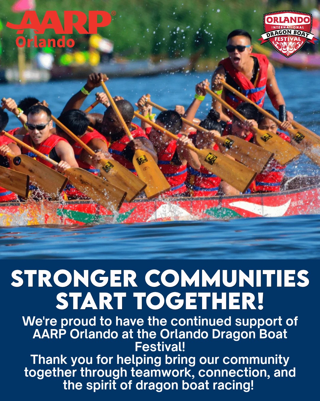 Stronger communities start together! 🐉💪

A huge thank you to AARP Orlando for their continued support of the Orlando International Dragon Boat Festival! ❤️

We're proud to have them alongside us as we bring people together through teamwork, connection, and the excitement of dragon boat racing! 🚣‍♀️🌊

#OrlandoDragonBoatFestival #AARPOrlando #GWNE​​vents #DragonBoatRacing #CommunityStrong